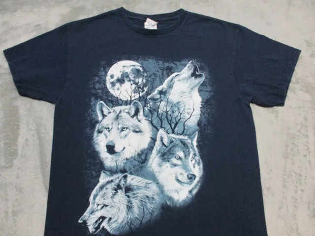 VINTAGE Wolf Pack Wolves Full Moon Shirt MEDIUM Blue Gray Howling AOP 3D Mens