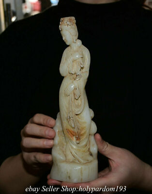 8.4" Old Chinese White Jade Carved Beauty Belle Beautiful woman Statue Sculpture