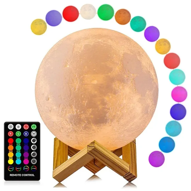 5V 1A 16 Colors LED 3D Moon Lamp Wodden Stand USB Charging Bedroom Night Light