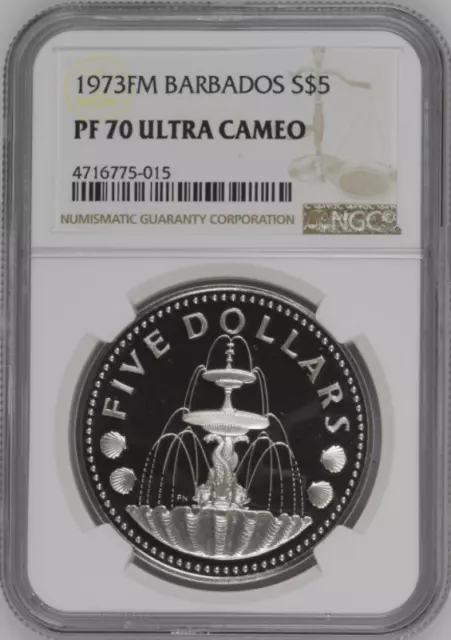 1973 Fm Barbados S $5 Ngc Pf 70 Ultra Cameo