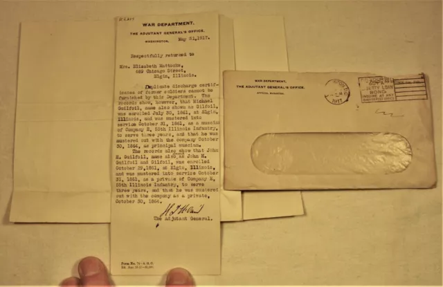 WWI War Department Requesting Civil War Discharge Papers for Elgin, IL. Veterans