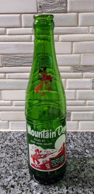 Vtg. 1964 Mountain Dew Green 12 oz. Hillbilly Soda Bottle Filled by Jake & Helen