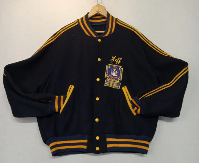VINTAGE WOOL LETTERMAN Varsity Jacket Coat Embroidered Patches Fire ...