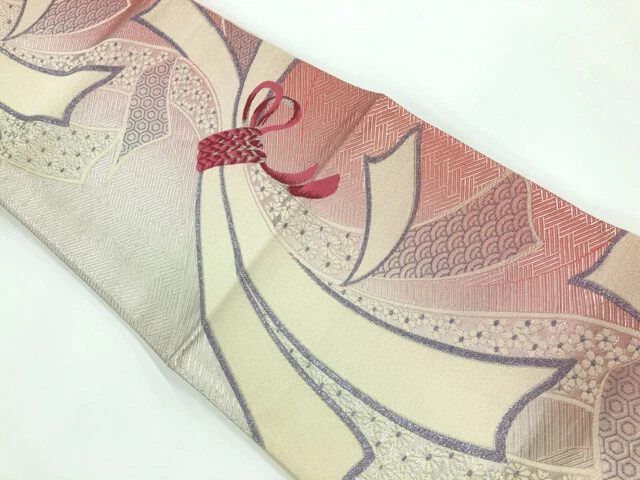 6384188: Japanese Kimono / Antique Fukuro Obi / Noshi With Flower & Seigaiha