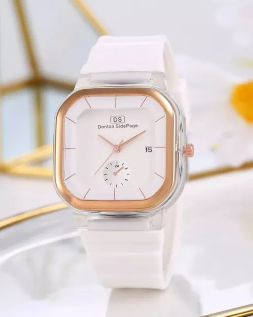 Ladies Women Quartz Wrist Watch Watches Square Face Date White Gold UK FREE P&P