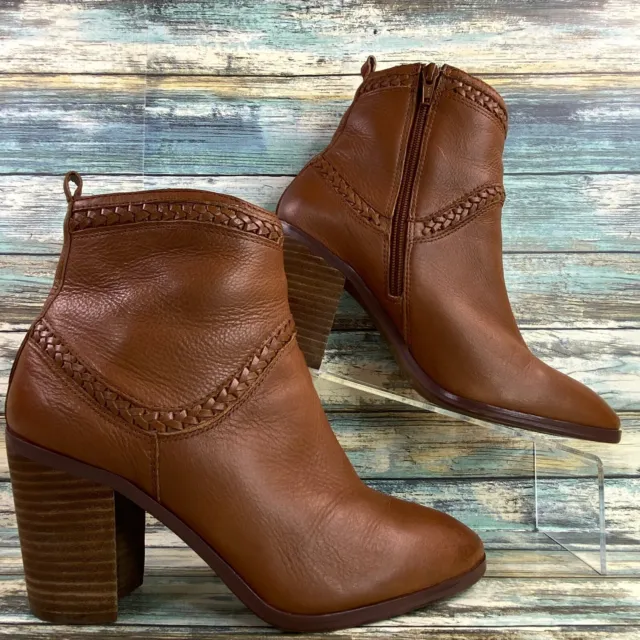 Aldo Ankle Boot Womens 9M Brown Leather Zip Up Stacked Block Heel Almond Toe