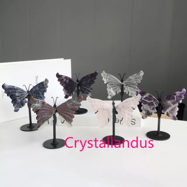 3" Natural Crystal Mixed Wings Skull Carved Quartz Butterfly Wing Skull + Stand