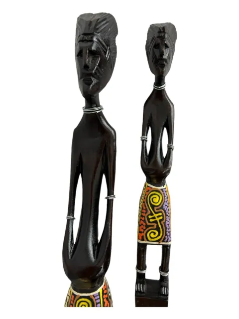 Vintage African Wood Sculpture Hand Painted Carved Set of 2