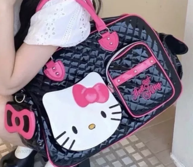 Hello kitty Crossbody bag women sanrio Black With Bow NEW Leather Hand Bag XL