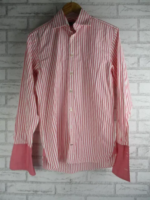 Herringbone mens shirt button front 38, 15, S french cuffs pink white stripe