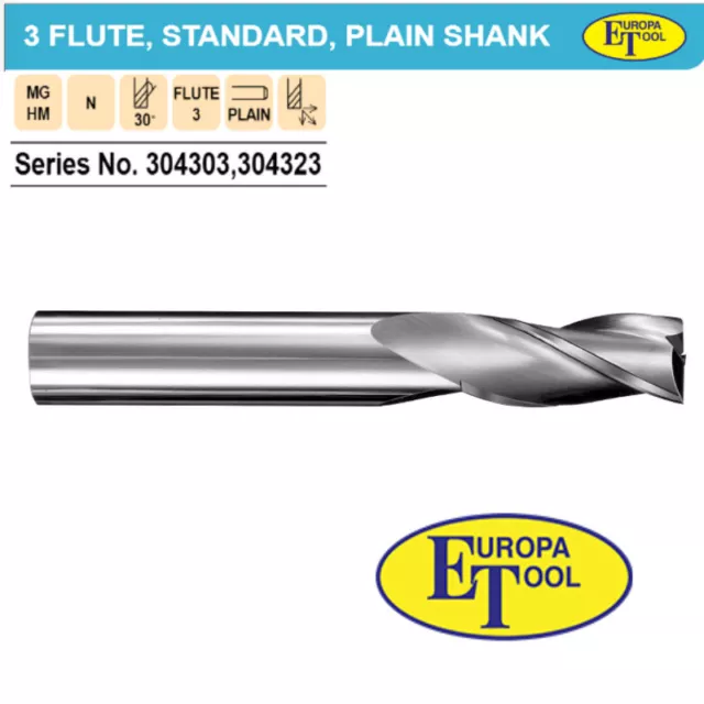 Europa Tool Solid Carbide 3 Flute Slot Drills. 1mm upto 25mm. End Mill Drill