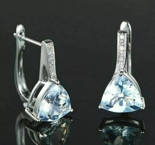 3.0 Ct Trillion Cut Lab Created Aquamarine Stud Earrings White Gold Plated