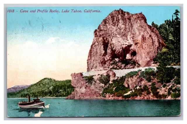 Lake Tahoe CA Cave and Profile Rocks Boat Divided Back Postcard Posted 1915