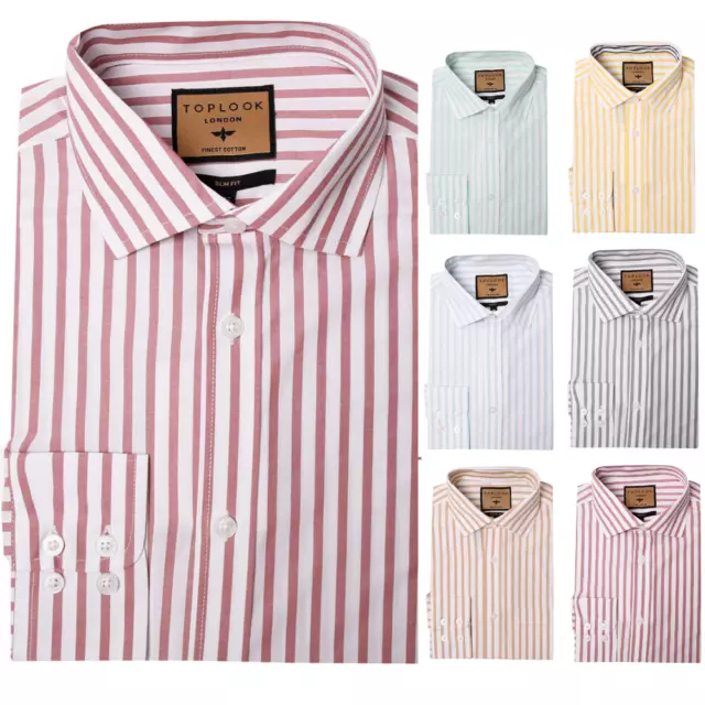 Mens Long Sleeve Formal Cotton shirt Stripe Casual top Slim Fit M-XXL (LSST23)