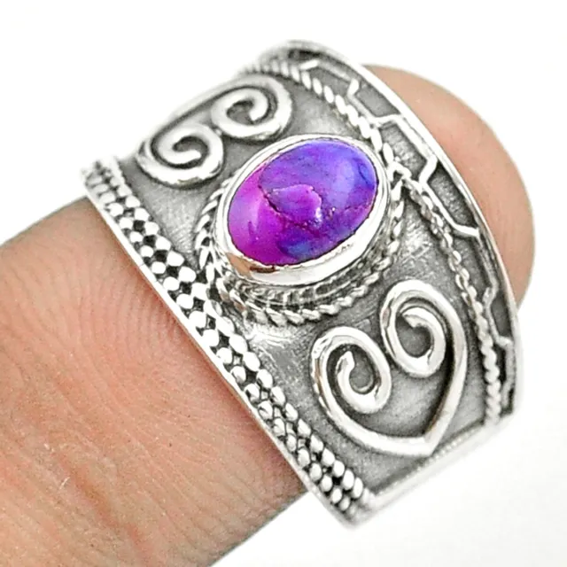 1.27cts Solitaire Purple Copper Turquoise 925 Silver Band Ring Size 7.5 U24091