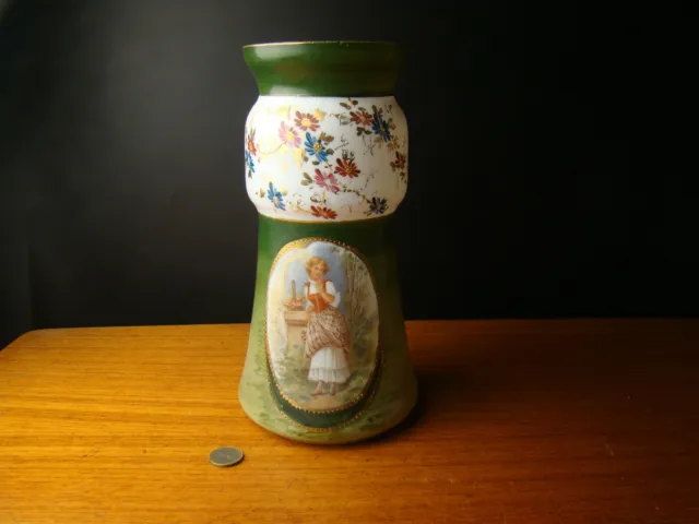 Opaline Glass Vase Transferware Painted Flowers Lady Victorian Milk