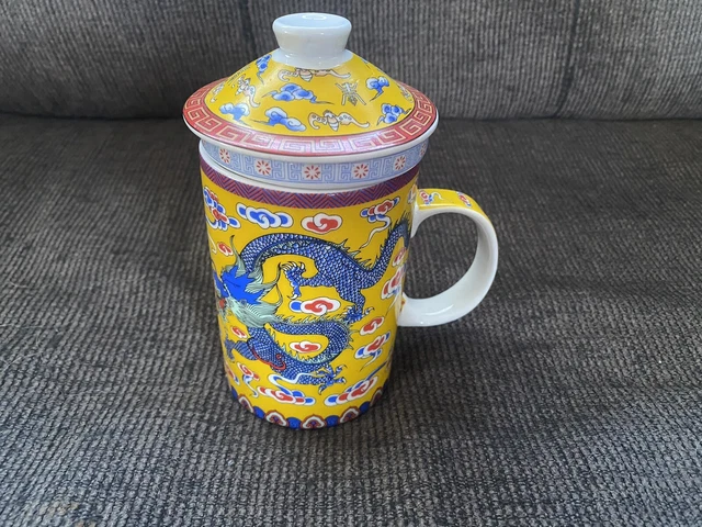 Chinese Dragon Ceramic Tea Mug Cup With Infuser and Lid 3 Piece Yellow Blue