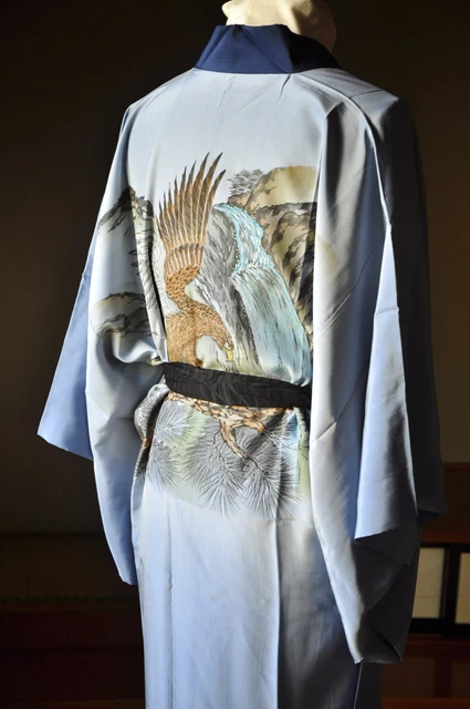 Vintage Japanese Kimono Silk Men’s Juban Blue Hawk Pine Waterfall Art Landscape