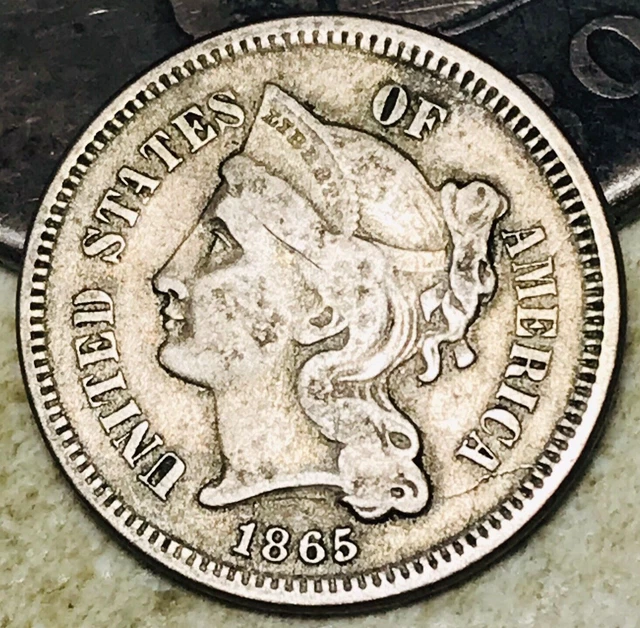 1865 Three Cent Nickel Piece 3C Circulated Civil War Date US Type Coin CC17802