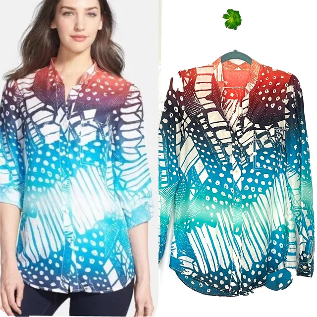 Diane Von Furstenberg Gilmore Habotai Blouse Size 4 Silk Ombre Button Front Top