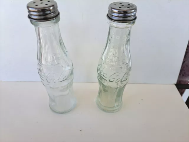 Vintage Clear Coca-Cola Bottle Salt & Pepper Shakers Metal Caps Collectible 6"