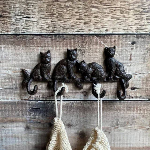Cast Iron Cat Kitten Tail Family Wall Hanger Coat Rack Key Lead Hook Selections
