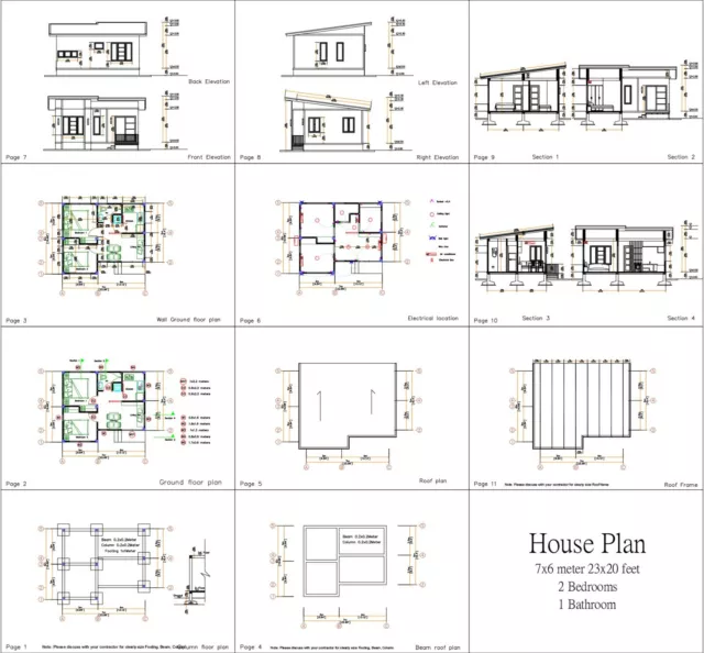 Plano de casa pequeña personalizado 23x20 pies 7x6 metros 2 camas 1 cobertizo de baño (copia rígida A4) 3