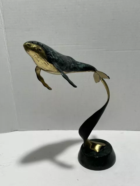 Gorgeous Brass Bronze Humpback Swimming Whale Sculpture with Marble Base 13”