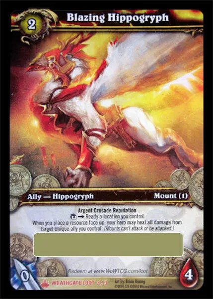 WOW World of Warcraft TCG Unscratched Loot Card  Blazing Hippogryph Flying Mount