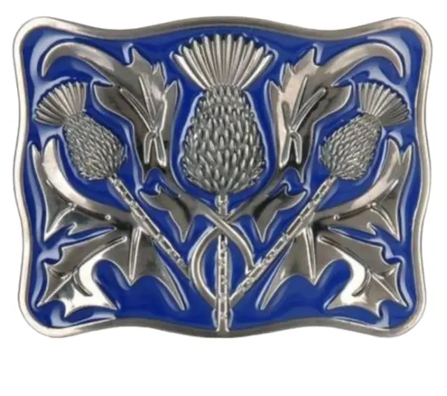 Splendida fibbia cintura cardo celtico scozzese antica fibbia blu smaltata cromata