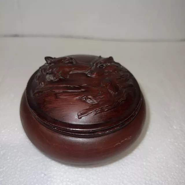 Faux Wood Resin Moon Lovers Wolf Couple Rounded Jewelry Trinket Box Figurine