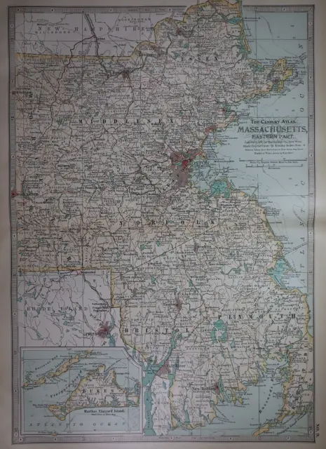 1897 Century Atlas Map ~ EASTERN MASSACHUSETTS - DUKES ~(12x18) ~ Free S&H #241