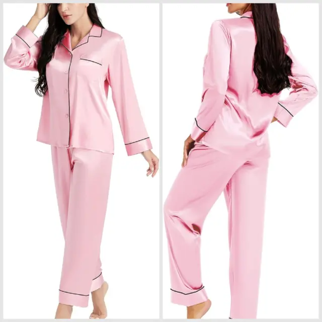 Ladies Pyjamas PJ's Set Satin Silky Lightweight Ladies Womens Girls - Rose Pink