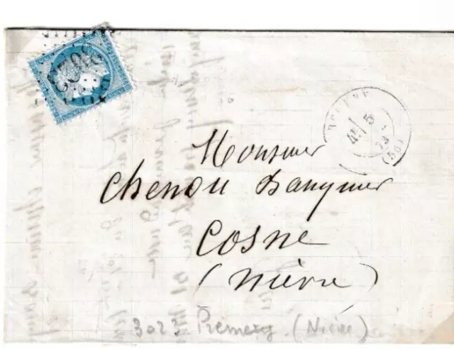 lettre 1873 Prémery (( Nièvre ))