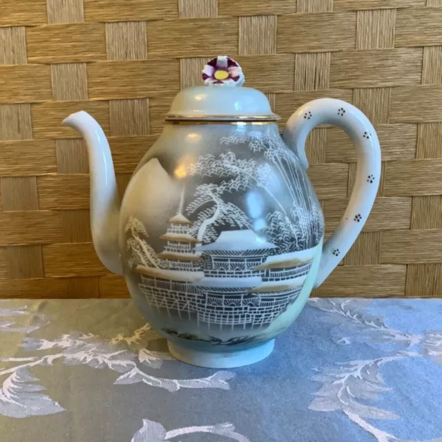 Antique Japanese Kutani porcelain teapot. Snow, temple, moon, trees.1890s-1920s.