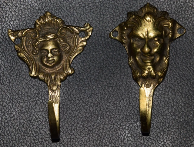 Antique Solid Brass Wall or Coat Hooks Gargoyle and Cherub Faces England