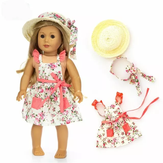 Doll Clothes Fashion Flower Dress Straw Hat For American Girl Dolls 18" Gift Toy