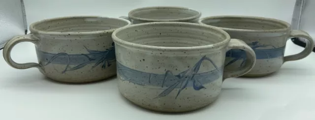 Hand Thrown Pottery Large Soup Bowls Set Of 4 Artist Signed Blue Specked Brown