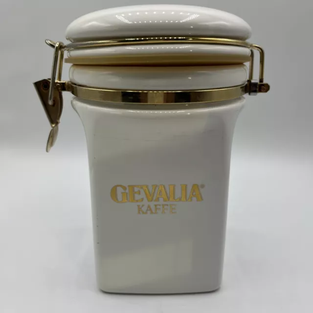 Vintage "Gevalia Kaffe" Ceramic Coffee Canister, Airtight, White & Gold.