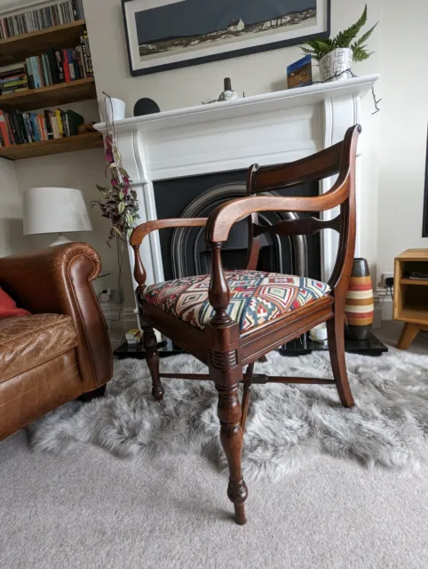 Antique Mahogany Carver Desk Chair Geometric Fabric