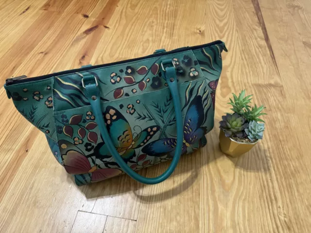 Anna by Anuschka Handpainted Leather Large Tote Animal Butterfly Green