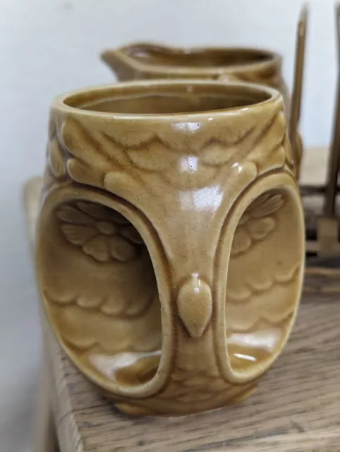 Vintage Mid Century Modern Owl Coffee Mug Set Sugar Creamer MCM Yellow