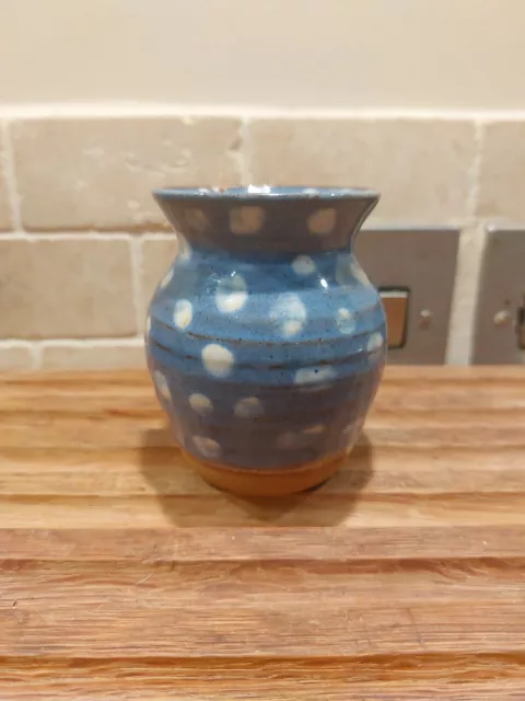 Vtg Buckfast Abbey Studio Pottery Small Posy Vase Blue Spotty Made In England