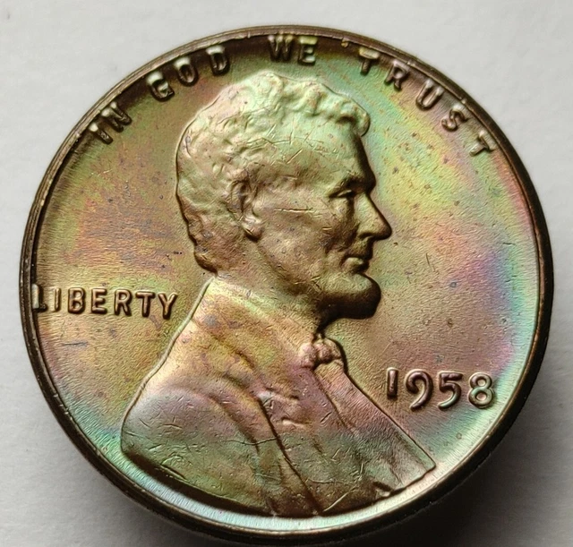 1958 wheat penny monster toned us coin unc Lincoln wheat cent #48
