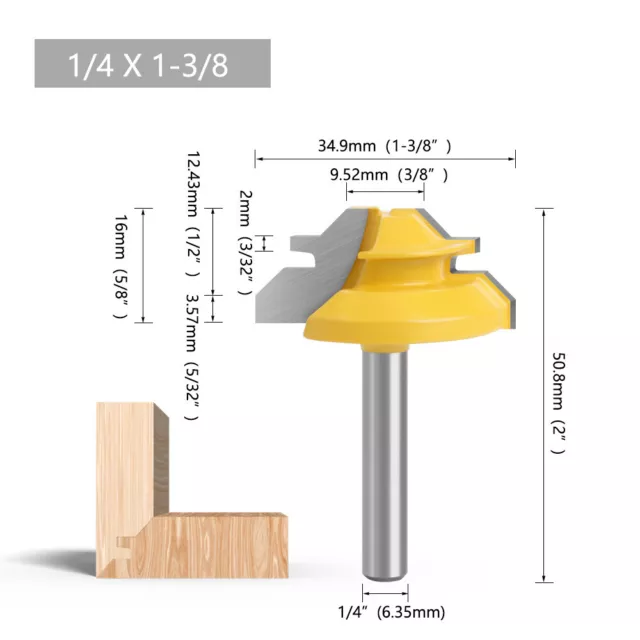 Lock Miter Router Bit 45 Degree 1/4 Shank Woodworking Joint Glue 1-3/8"