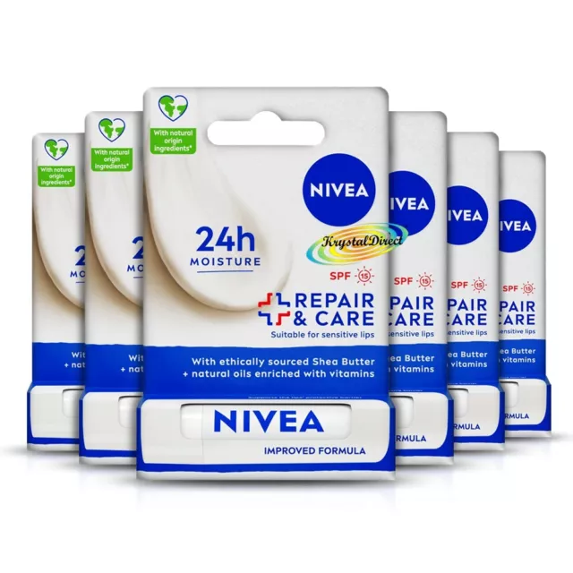 6x Nivea Repair & Care Lip Balm For Sensitive Skin With SPF15 4.8g