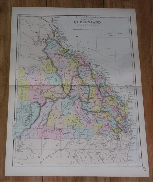 1891 Original Antique Map Of Queensland / Brisbane / Australia