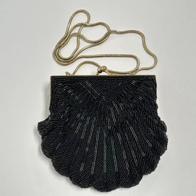 Black Beaded Purse Evening Bag Clamshell Clutch Gold Metal Chain Vtg 80s 90s