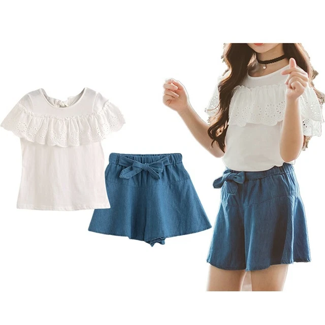 Kid Girls Stylish Outfits Short Sleeve Lace T-shirt Denim Skirts Set Summer Wear