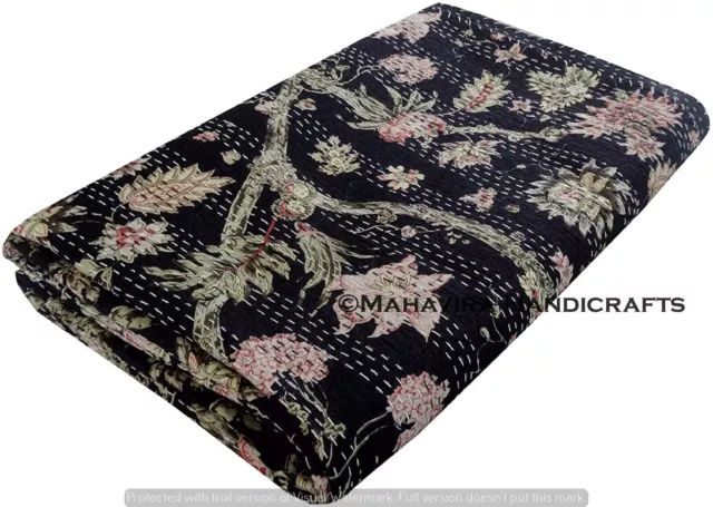 Estampado de Flores Algodón Puro Negro Kantha Colcha Bohemio Doble Tamaño